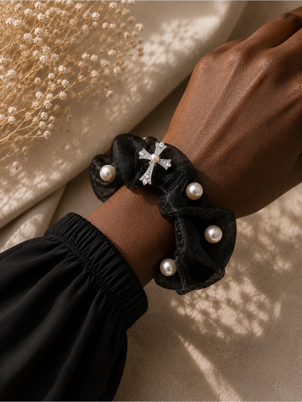 Pearl-Embellished Black Scrunchie Bracelet with Cross Accent